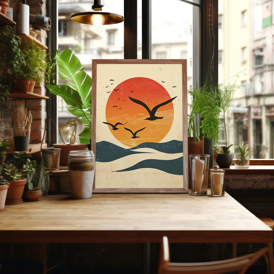 Seagulls Flying Over Big Red Sun Waves Vintage Coastal Art Poster - Image 4