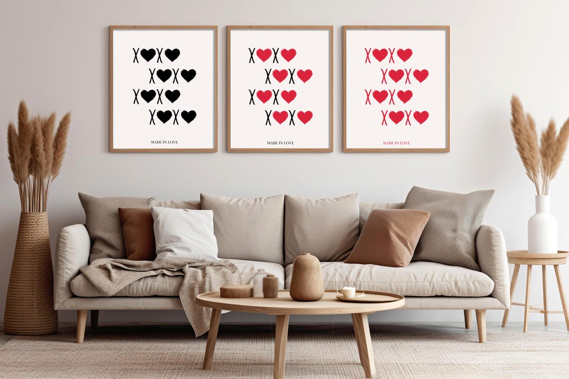 XOXO Hearts Made In Love Typography Poster Set of 3 Red Black - Image 6