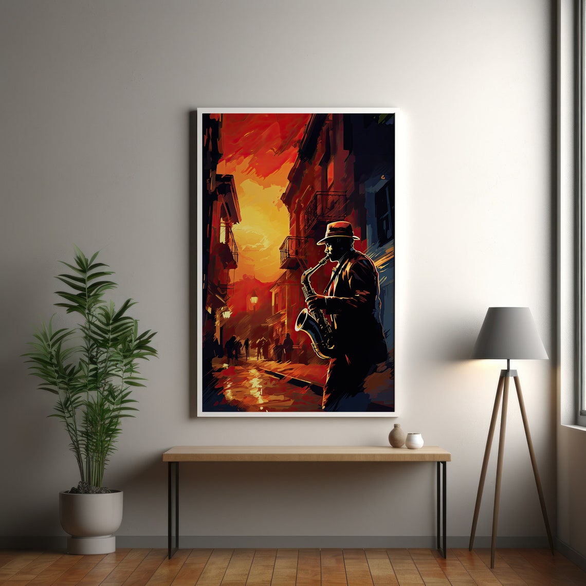 Saxophone Player Sunset Street Jazz Scene Painterly Art Poster - Image 3