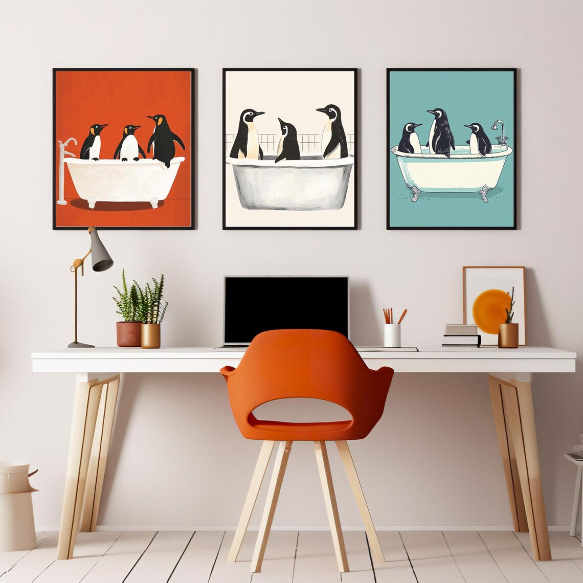 Cute Funny Penguin Bathtub Bathroom Wall Art Trio Set of 3 Humor - Image 3