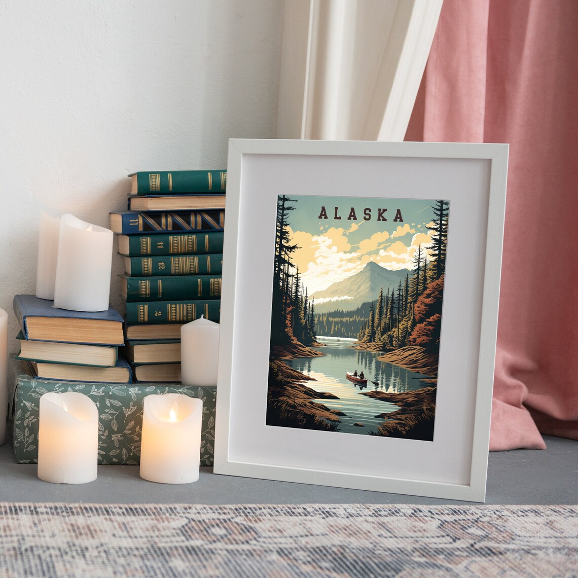 Alaska Retro Travel Poster with Canoe Mountain Lake Pine Forest - Image 3