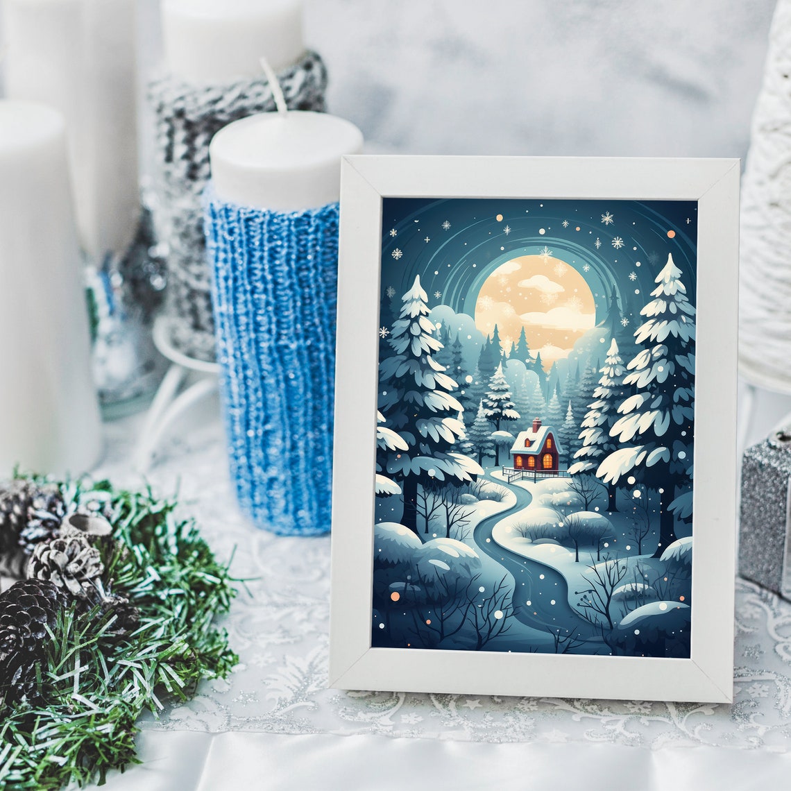 Cozy First Snow Moonlit Cabin Winter Forest Night Scene Poster - Image 4