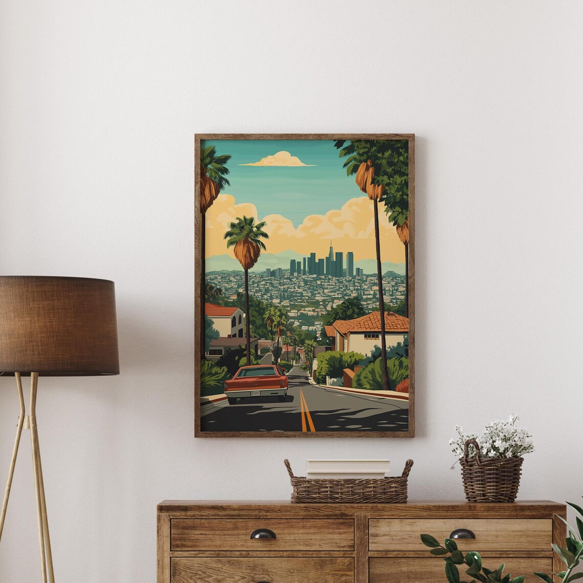 Los Angeles Skyline Retro Travel Poster With Palm Trees And Red Car