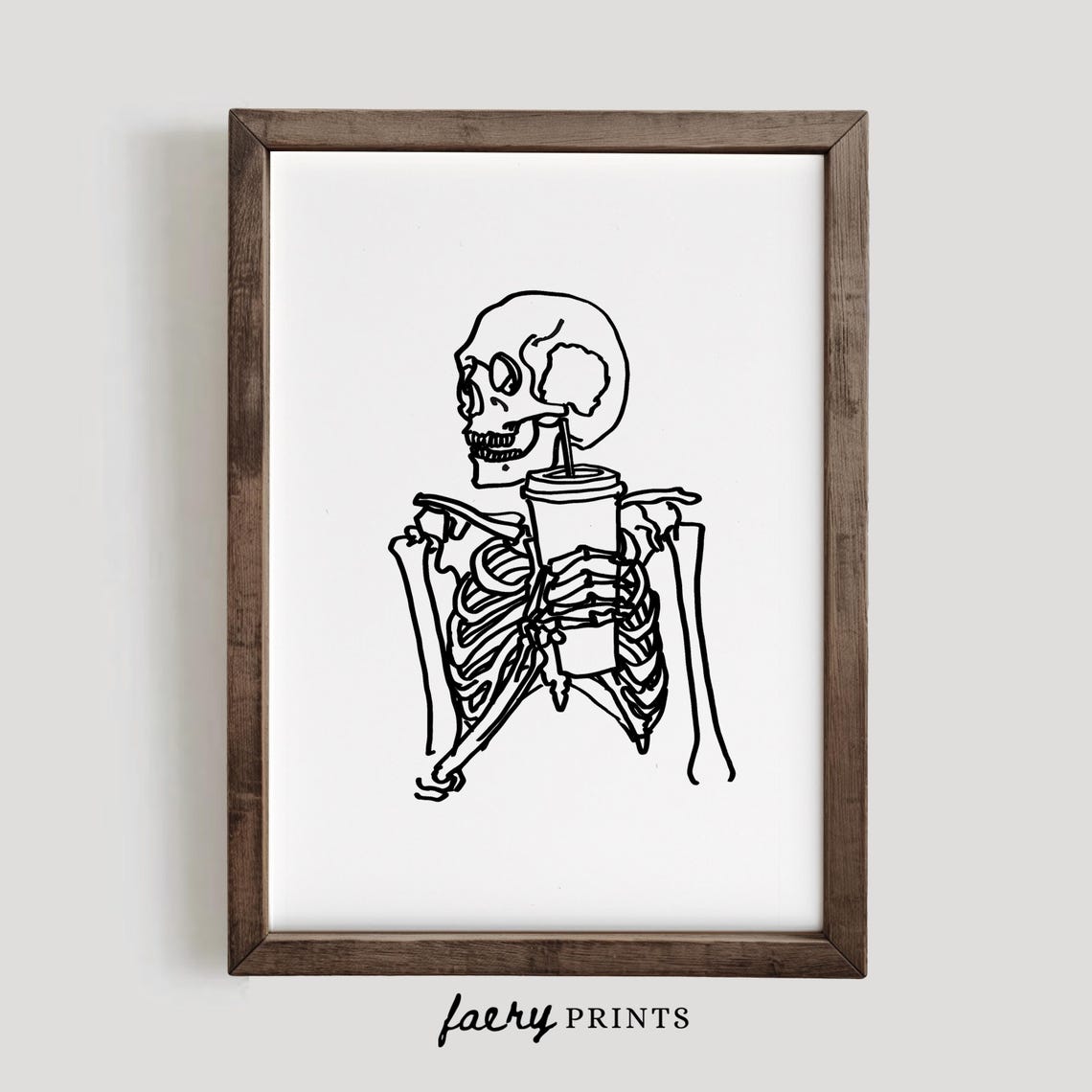 Skeleton Drinking Coffee with Straw Funny Halloween Line Art Poster - Image 2