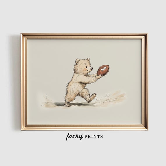 Vintage Bear Football Nursery Art Print, Neutral Decor