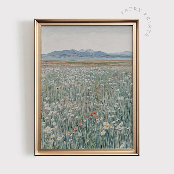 Wildflower Meadow With Daisies Poppies and Distant Mountains Poster