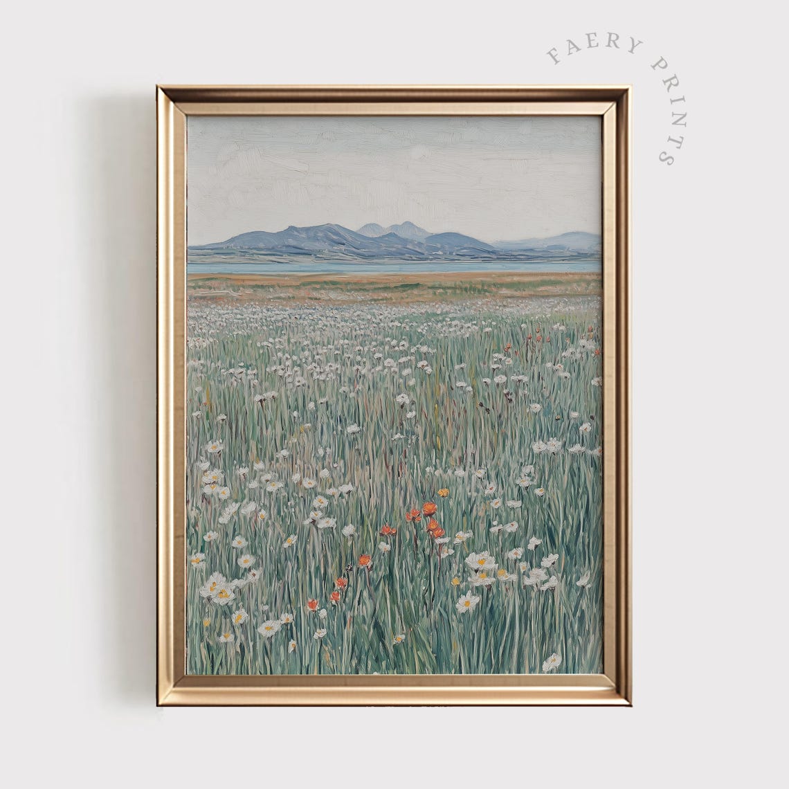 Wildflower Meadow With Daisies Poppies and Distant Mountains Poster
