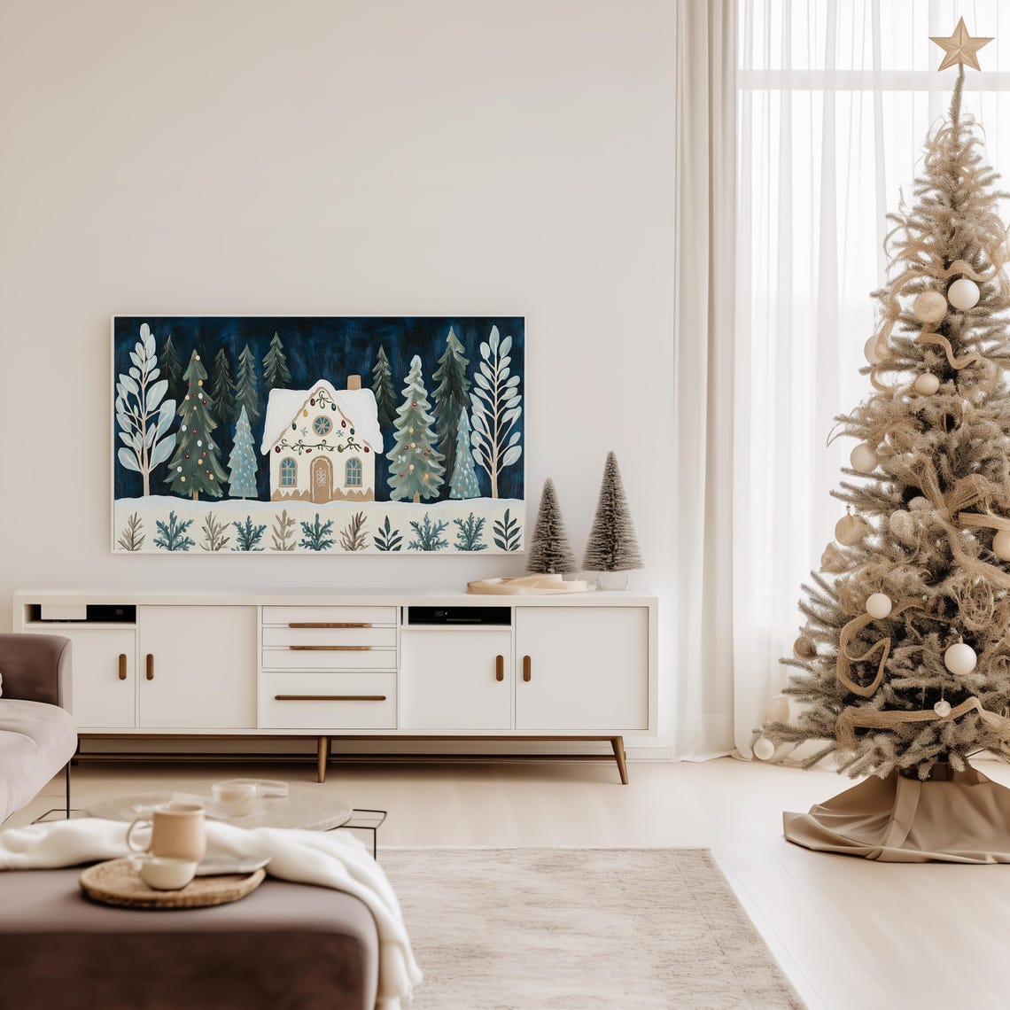 Whimsical Snowy Christmas Cottage Among Pines Frame TV Art Poster - Image 4
