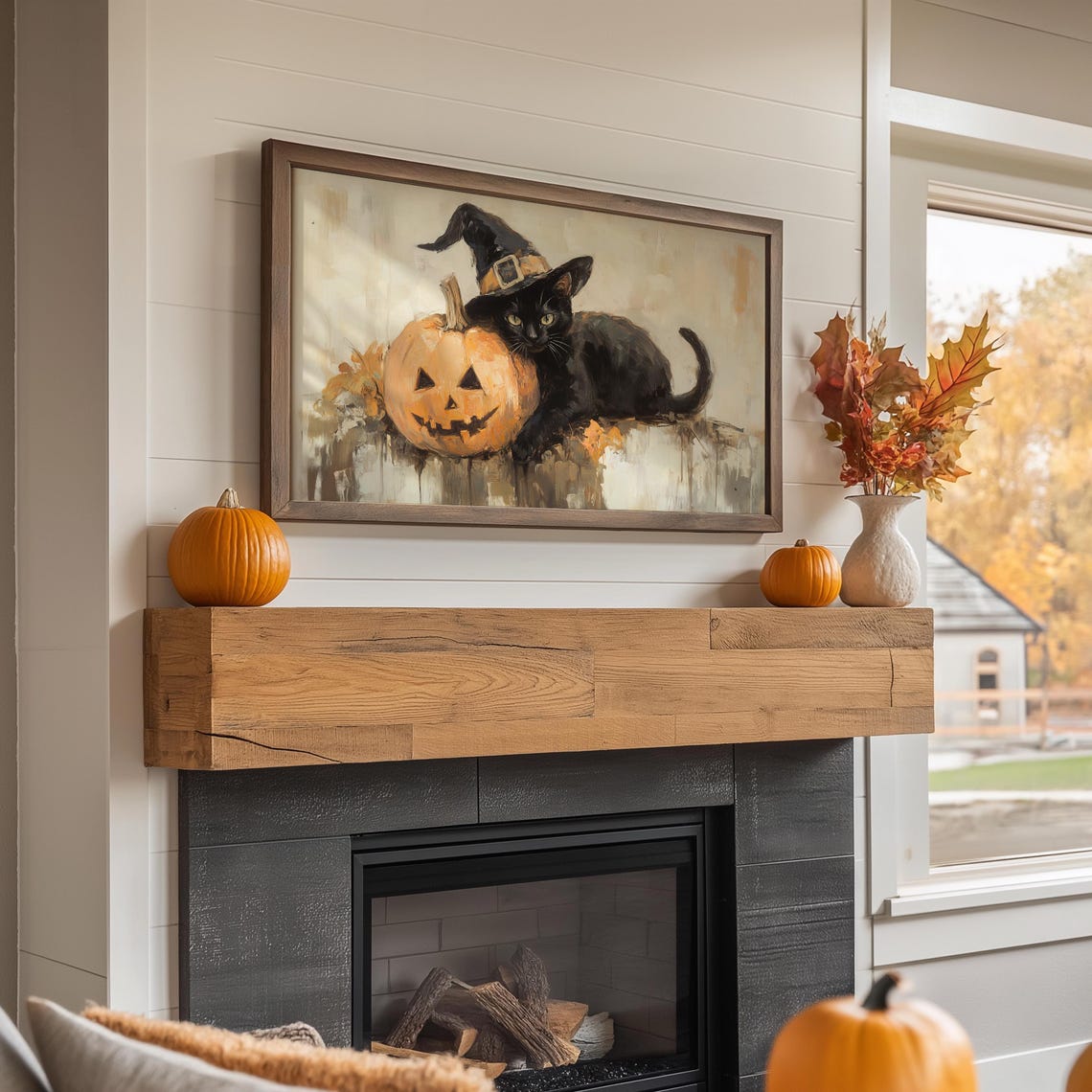 Black Cat Wearing Witch Hat Beside Jack O Lantern Halloween Poster - Image 5