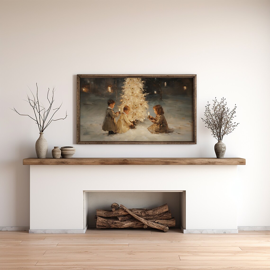 Silent Night Children With Candles By Glowing Tree Vintage Frame TV Art Poster - Image 3