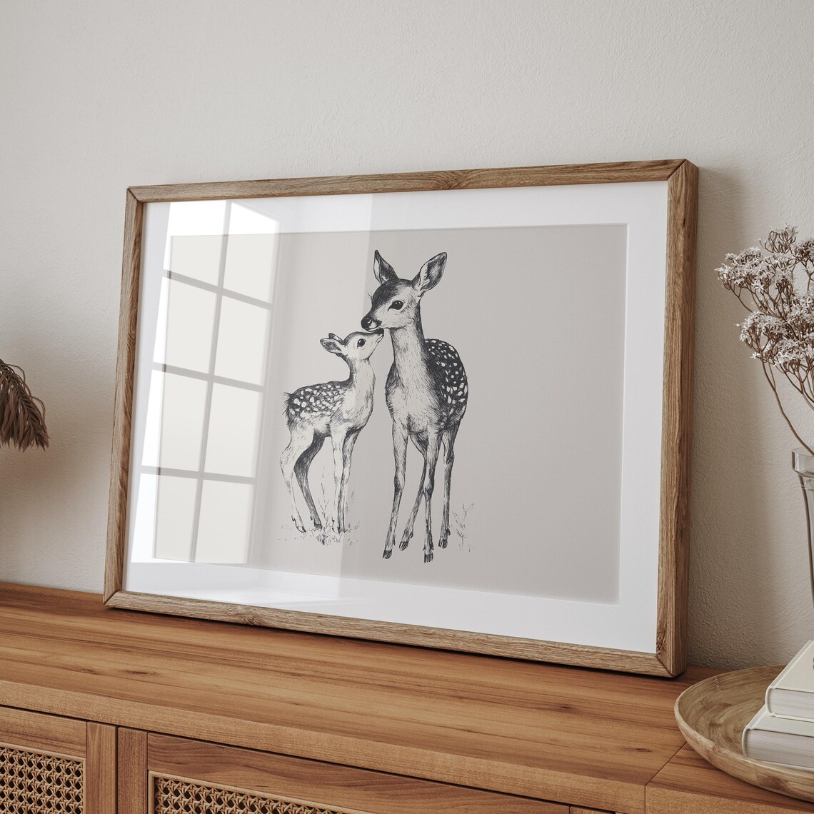Mother Deer and Fawn Black and White Woodland Sketch Art Poster - Image 5