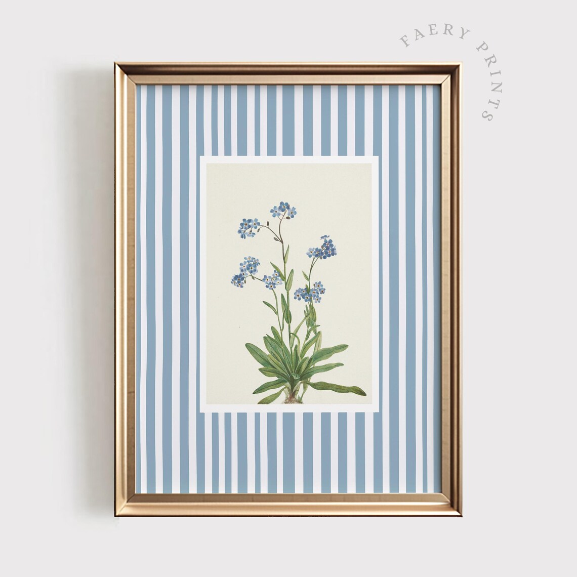 Blue Stripe Floral Print, Baby Nursery Art Print
