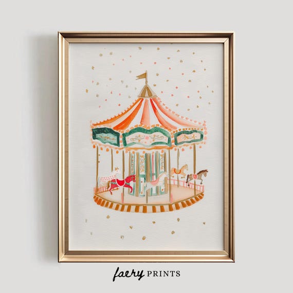 Watercolor Carousel Nursery Art Print, Whimsical Carnival