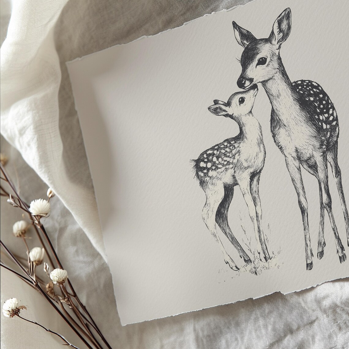 Mother Deer and Fawn Black and White Woodland Sketch Art Poster - Image 3