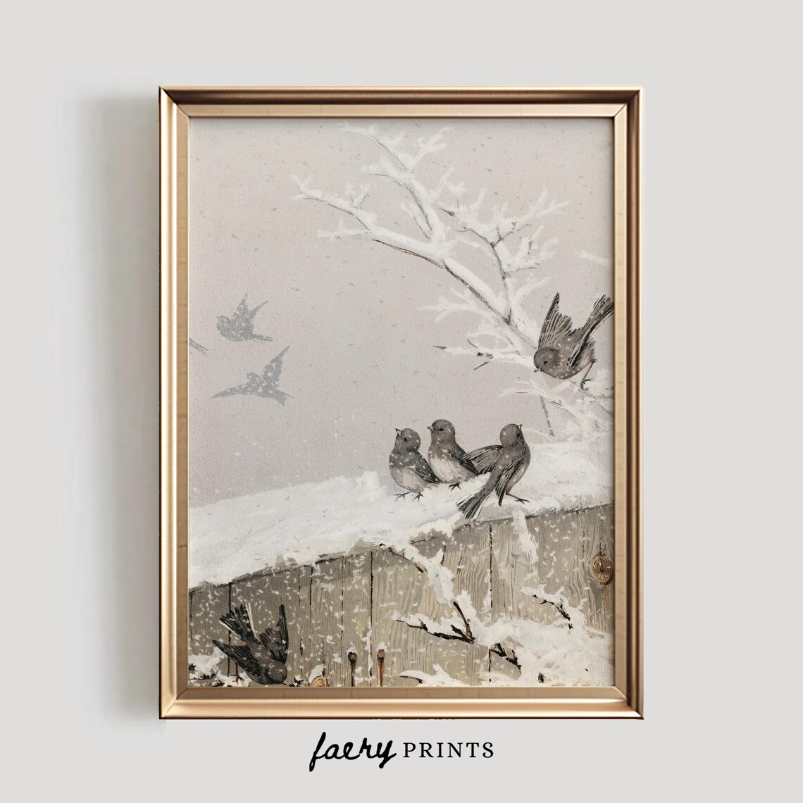 Winter Birds Farmhouse Art Print, Snowy Seasonal Decor