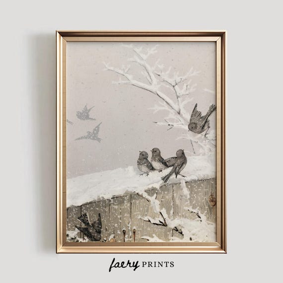 Winter Birds Farmhouse Art Print, Snowy Seasonal Decor