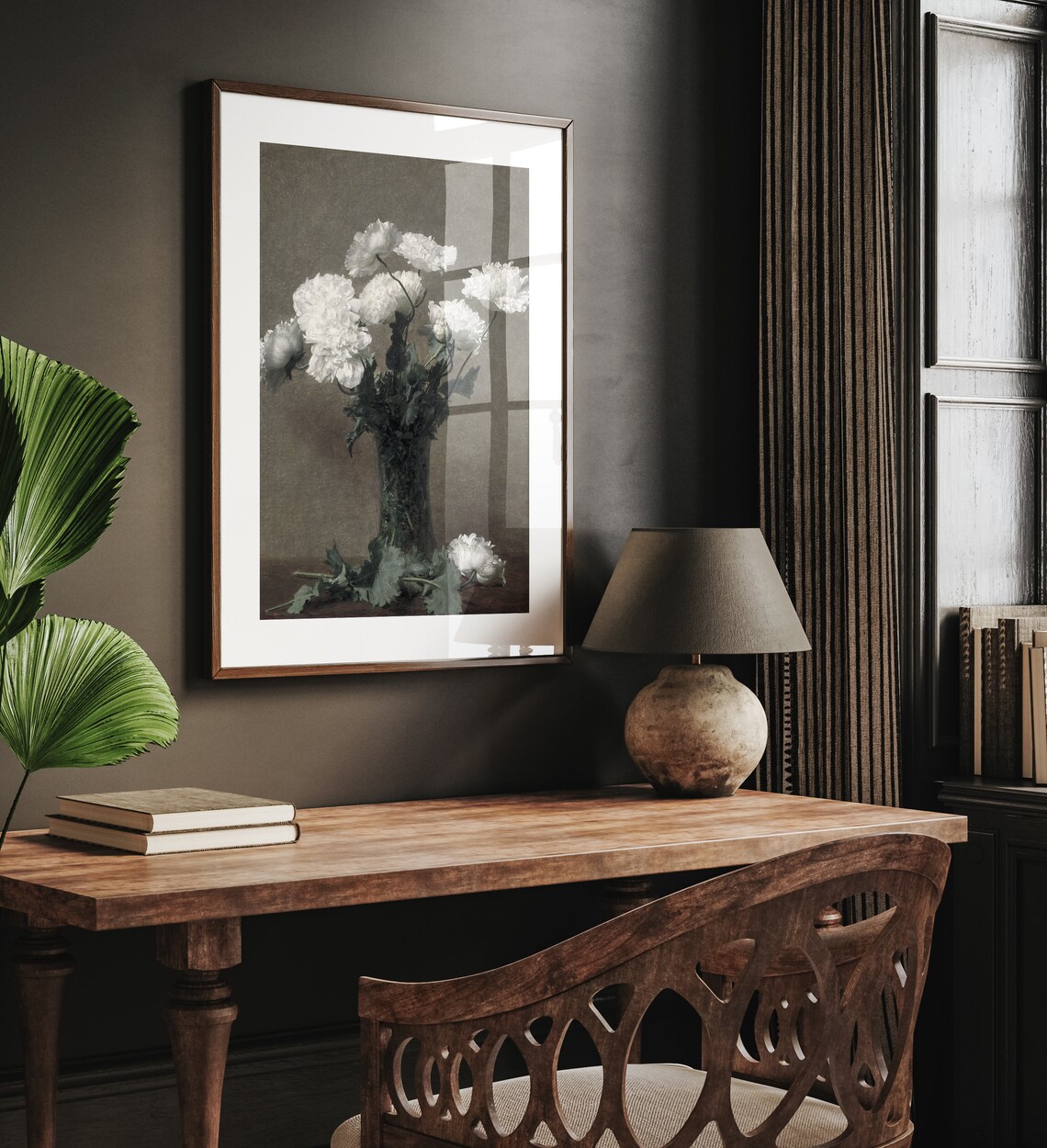 White Peonies in Glass Vase Dark Still Life Floral Oil Poster - Image 4