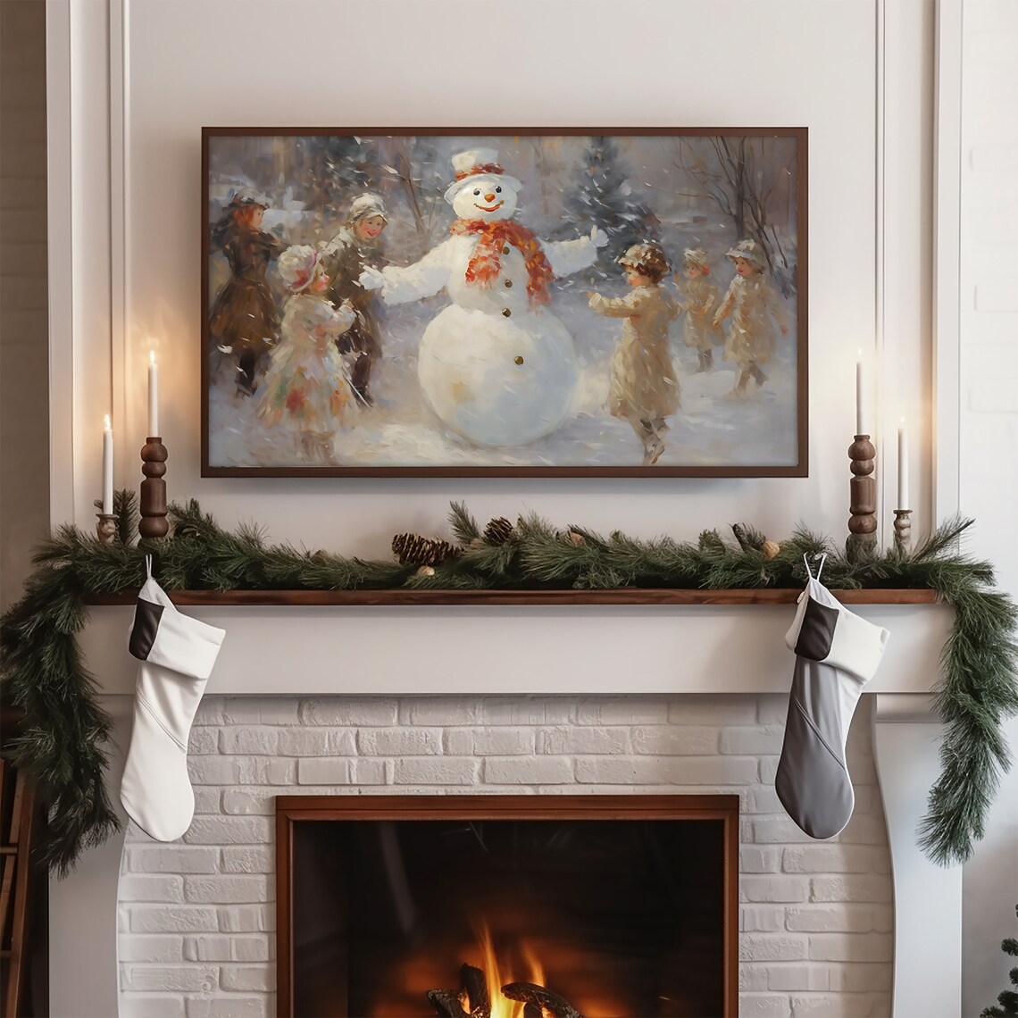 Charming Snowman With Children Vintage Winter Scene Frame TV Art Poster - Image 3