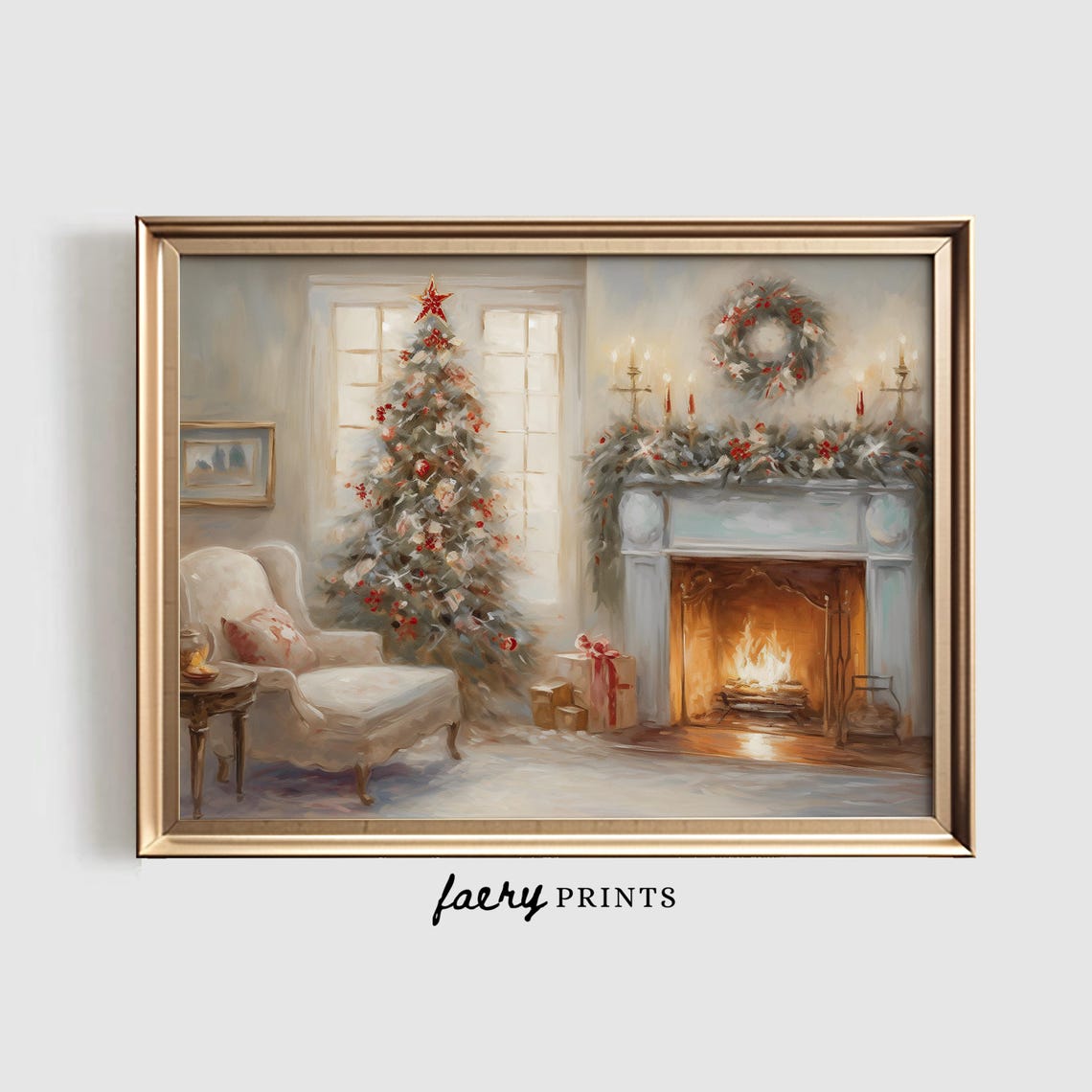 Cozy Christmas Living Room Fireplace Tree Vintage Style Poster
