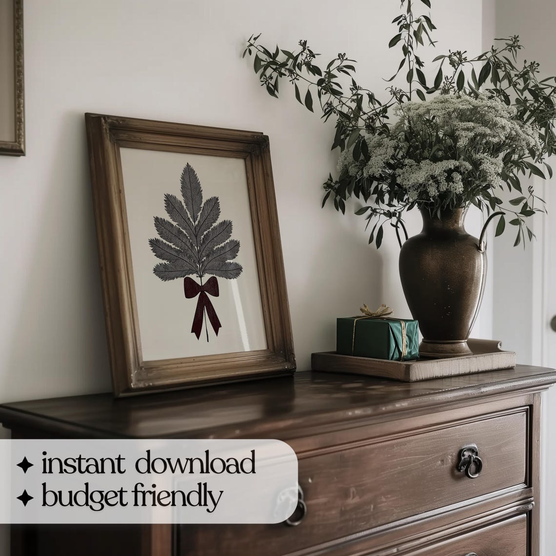 Gray Botanical Leaf Sprig with Red Bow Minimal Christmas Art Poster - Image 5