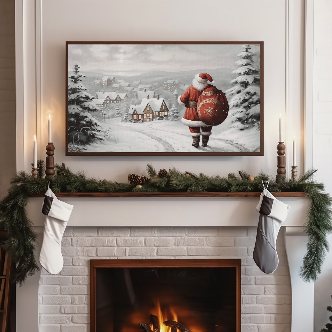 Santa Claus With Toy Sack Walking Snowy Village Vintage Christmas Art Poster