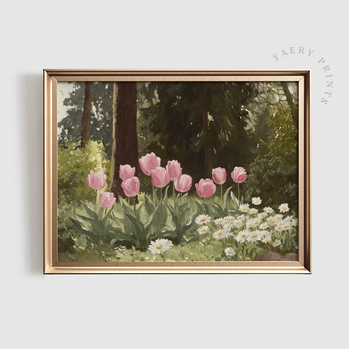 Pink Tulips and Daisies Blooming in Lush Spring Garden Art Poster