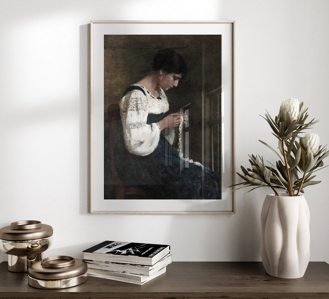 Woman Sewing Lace Folk Costume Dark Portrait Oil Painting Poster - Image 5