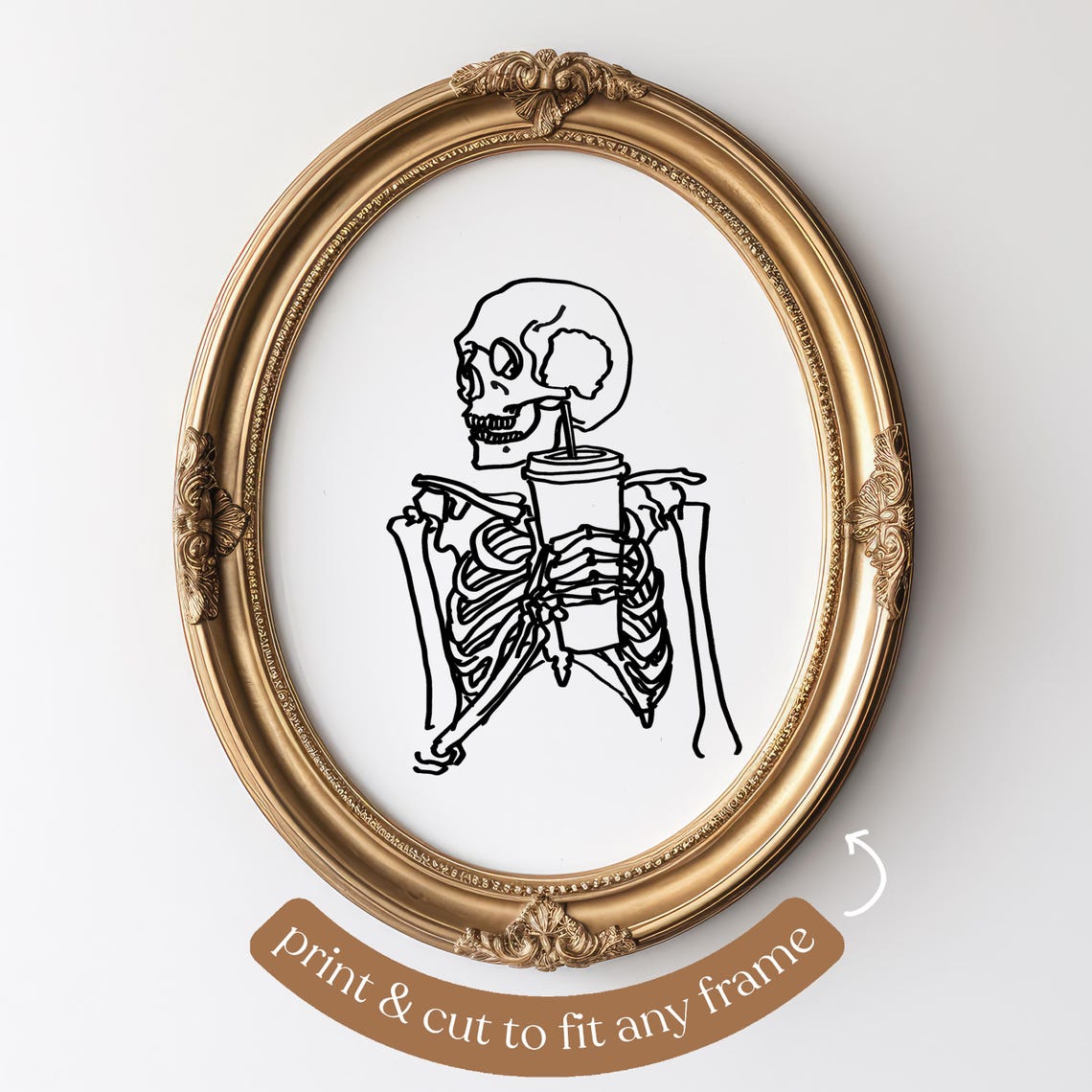 Skeleton Drinking Coffee with Straw Funny Halloween Line Art Poster - Image 5