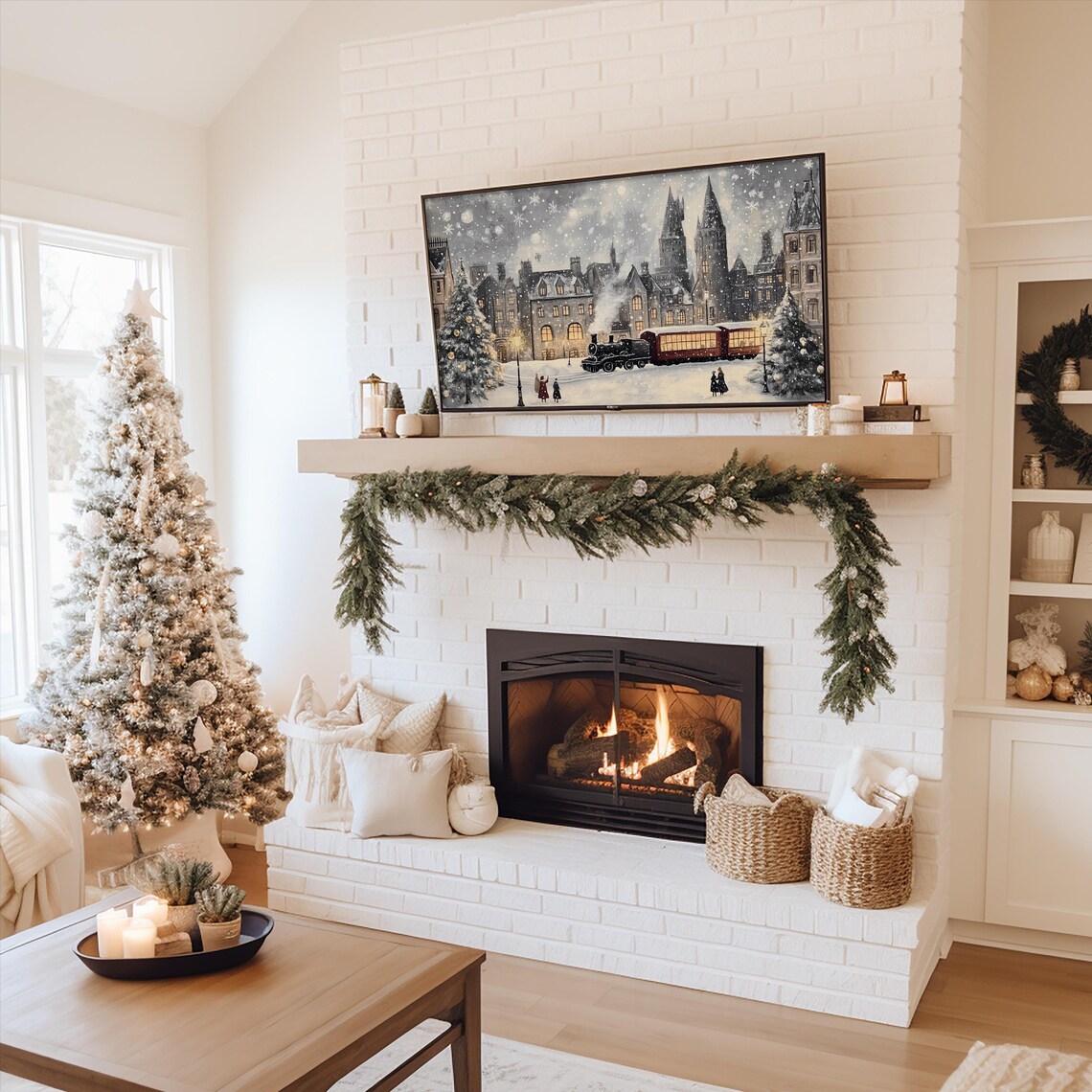 Magical Christmas Village With Train Art Print