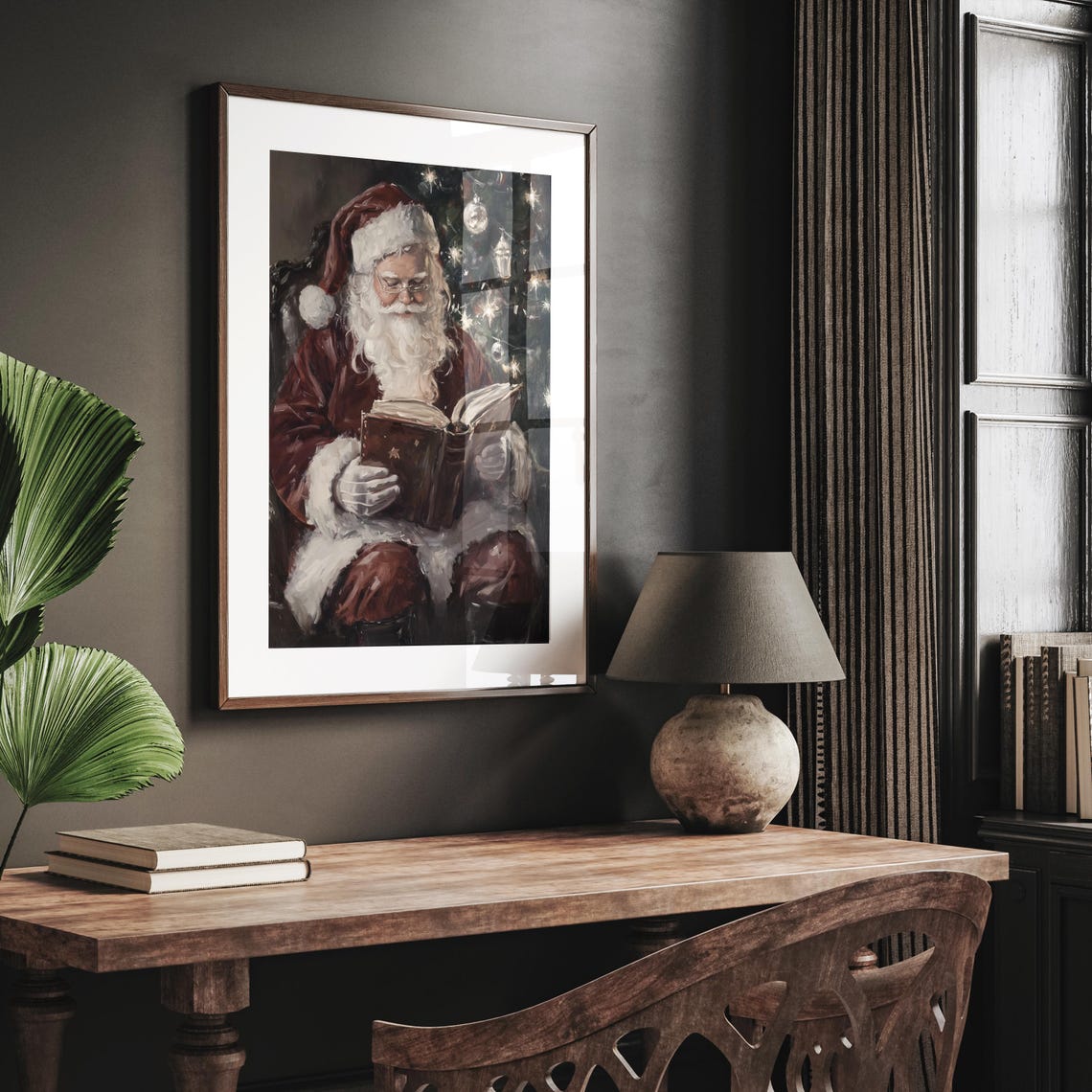 Vintage Santa Claus Reading by Christmas Tree Holiday Scene Poster
