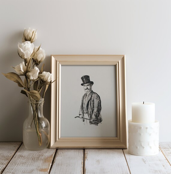 Victorian Gentleman In Top Hat And Cane Vintage Ink Portrait Sketch Poster