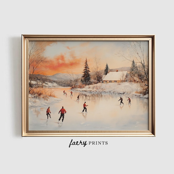 Ice Skaters on Frozen Pond at Sunset Vintage Winter Scene Poster