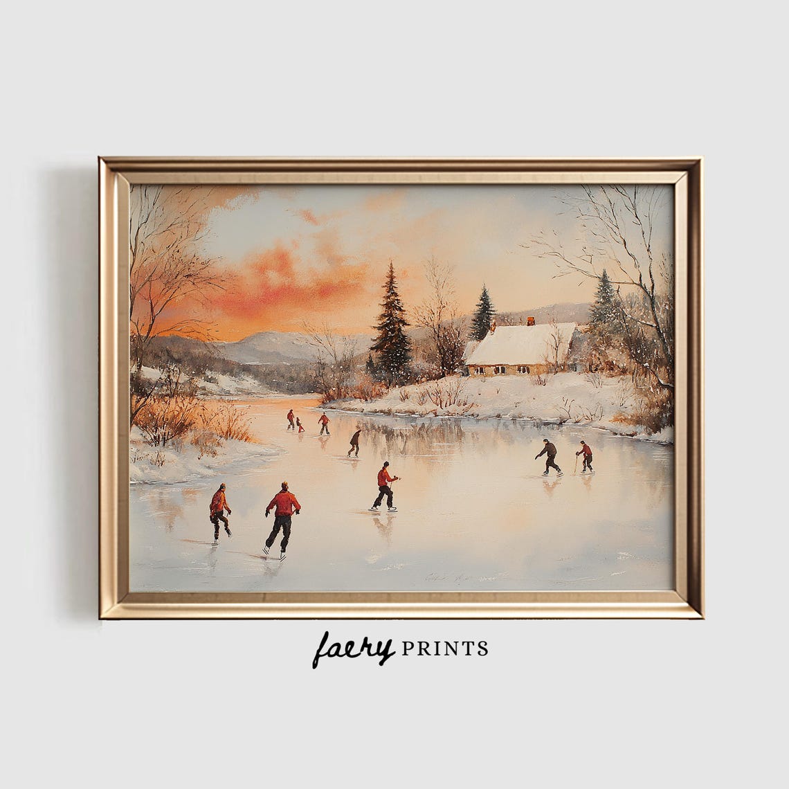 Ice Skaters on Frozen Pond at Sunset Vintage Winter Scene Poster