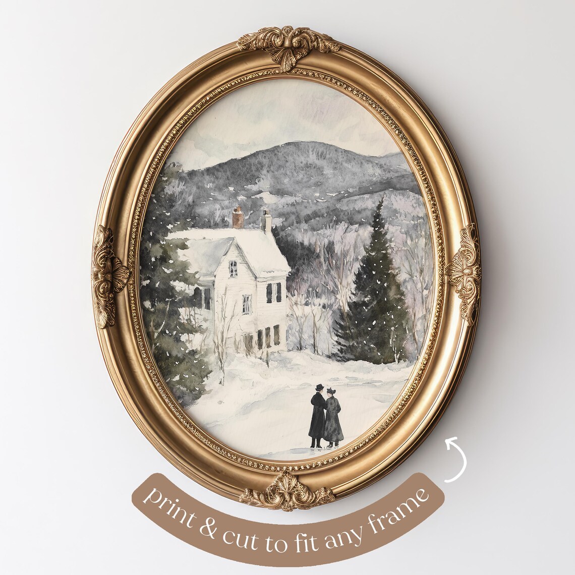Snowy Cottage Landscape Art Print, Winter Scene - Image 4