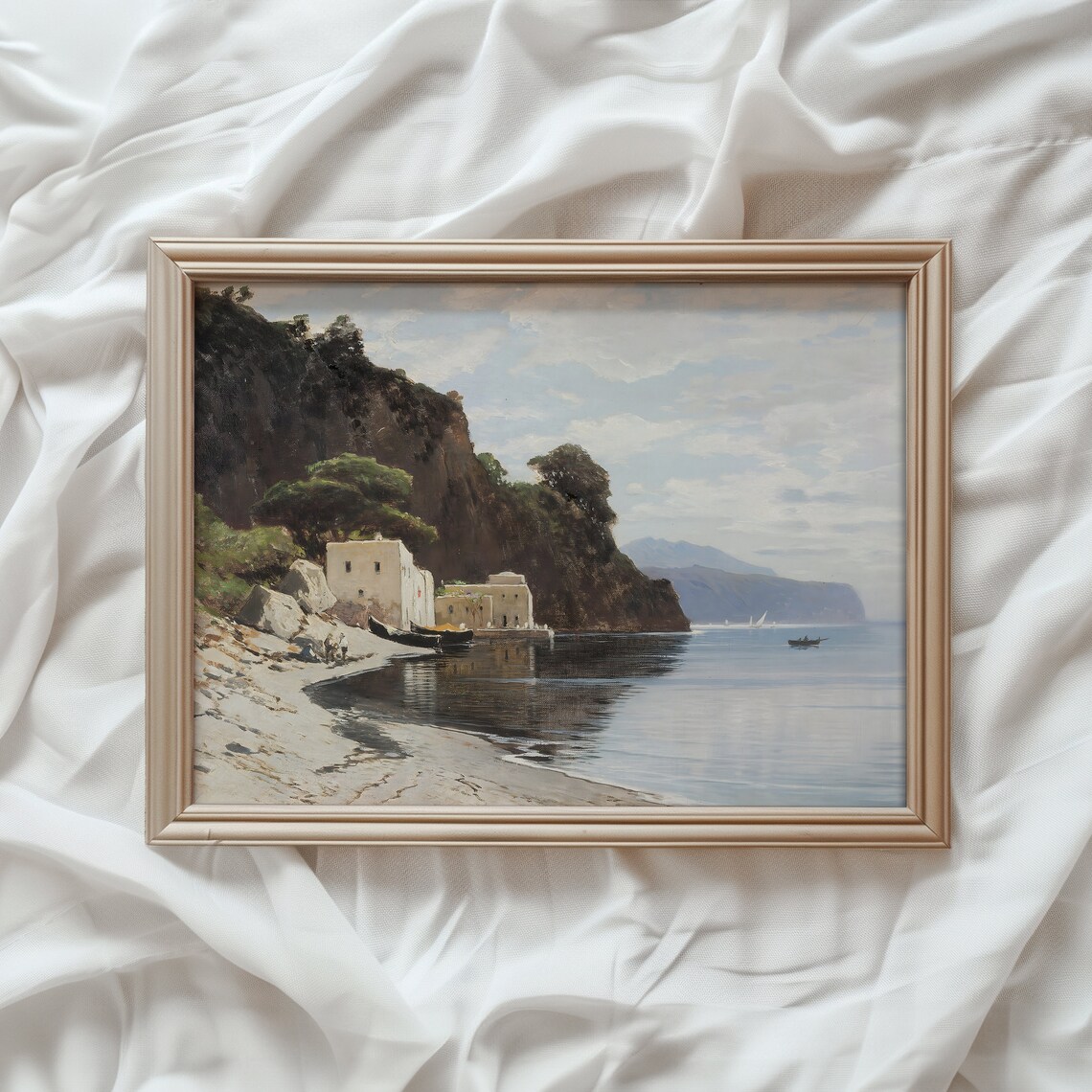 Vintage Amalfi Coast Travel Poster, Neutral Coastal Decor