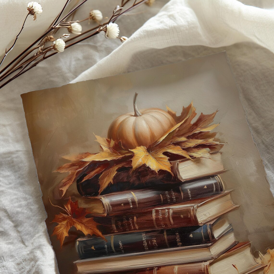 Rustic Autumn Still Life, Vintage Books Art Print - Image 2
