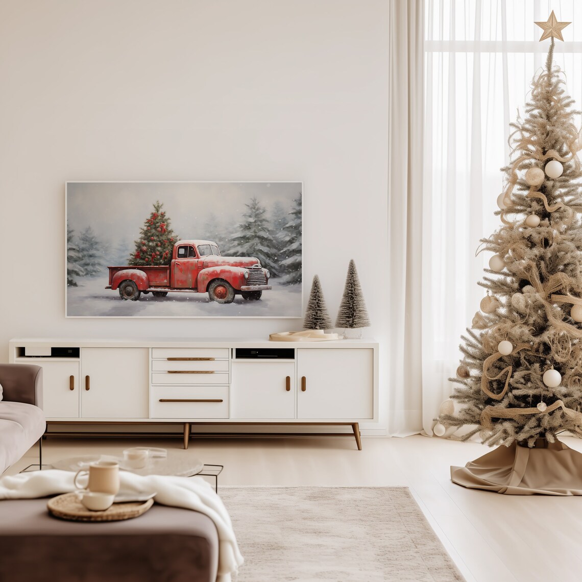 Vintage Red Pickup Truck Hauling A Christmas Tree Through The Snow Poster