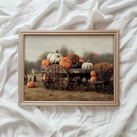 Pumpkin Wagon Art Print, Autumn Landscape Farmhouse