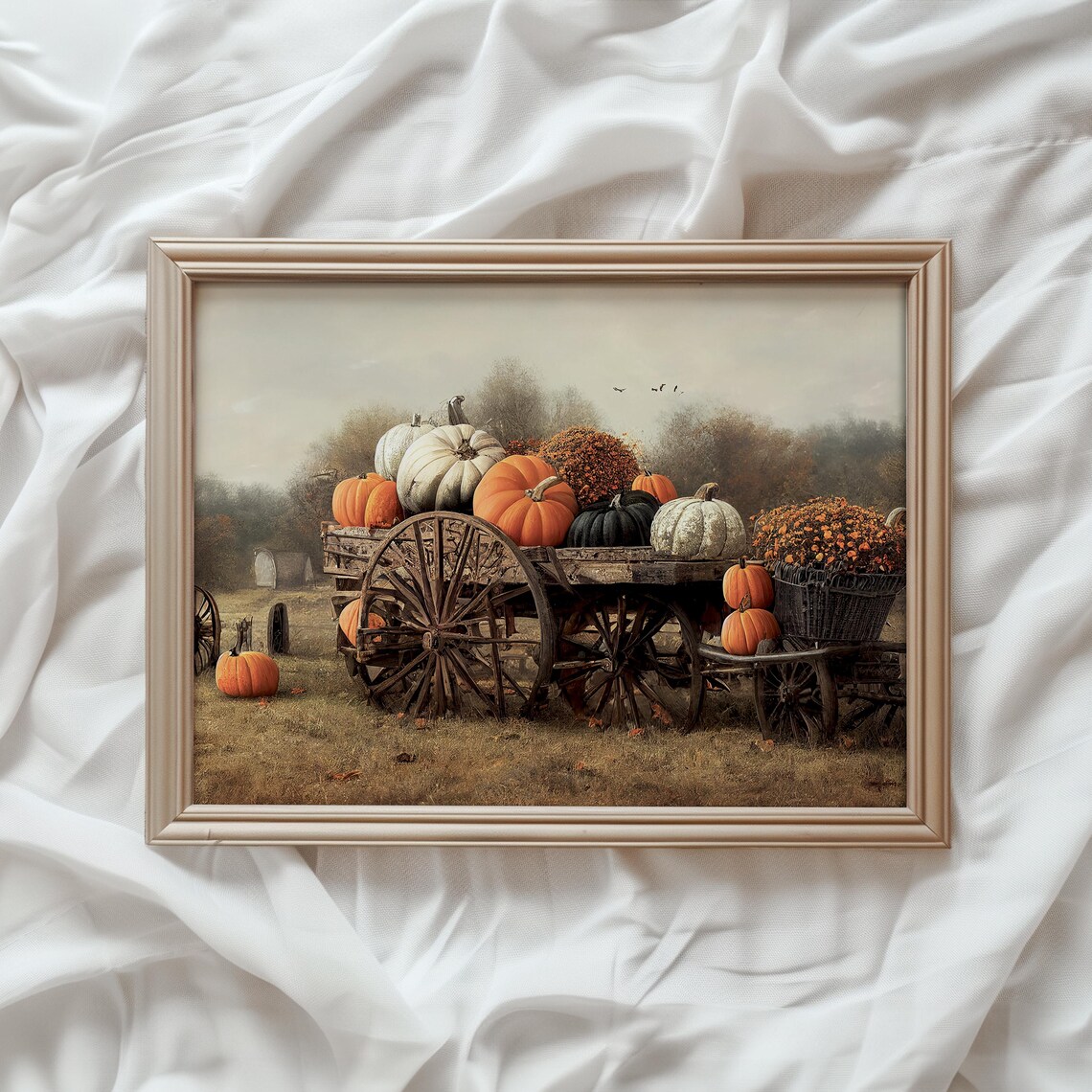 Pumpkin Wagon Art Print, Autumn Landscape Farmhouse