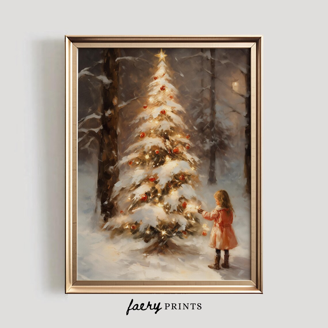 Snowy Christmas Tree Little Girl Vintage Style Holiday Poster