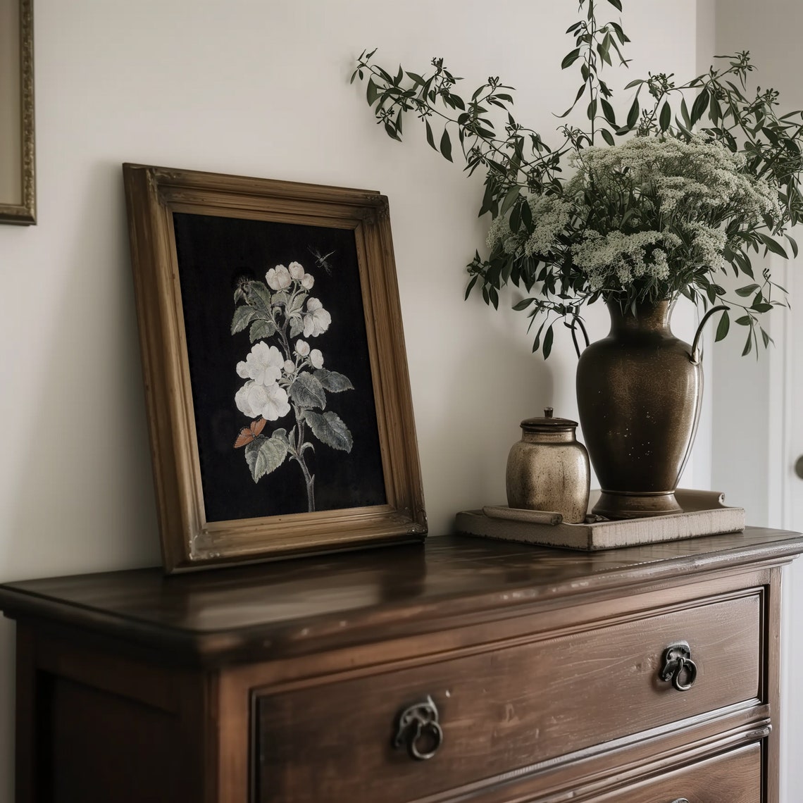 Dark Botanical White Blossom Vintage Study Moody Floral Wall Art - Image 2