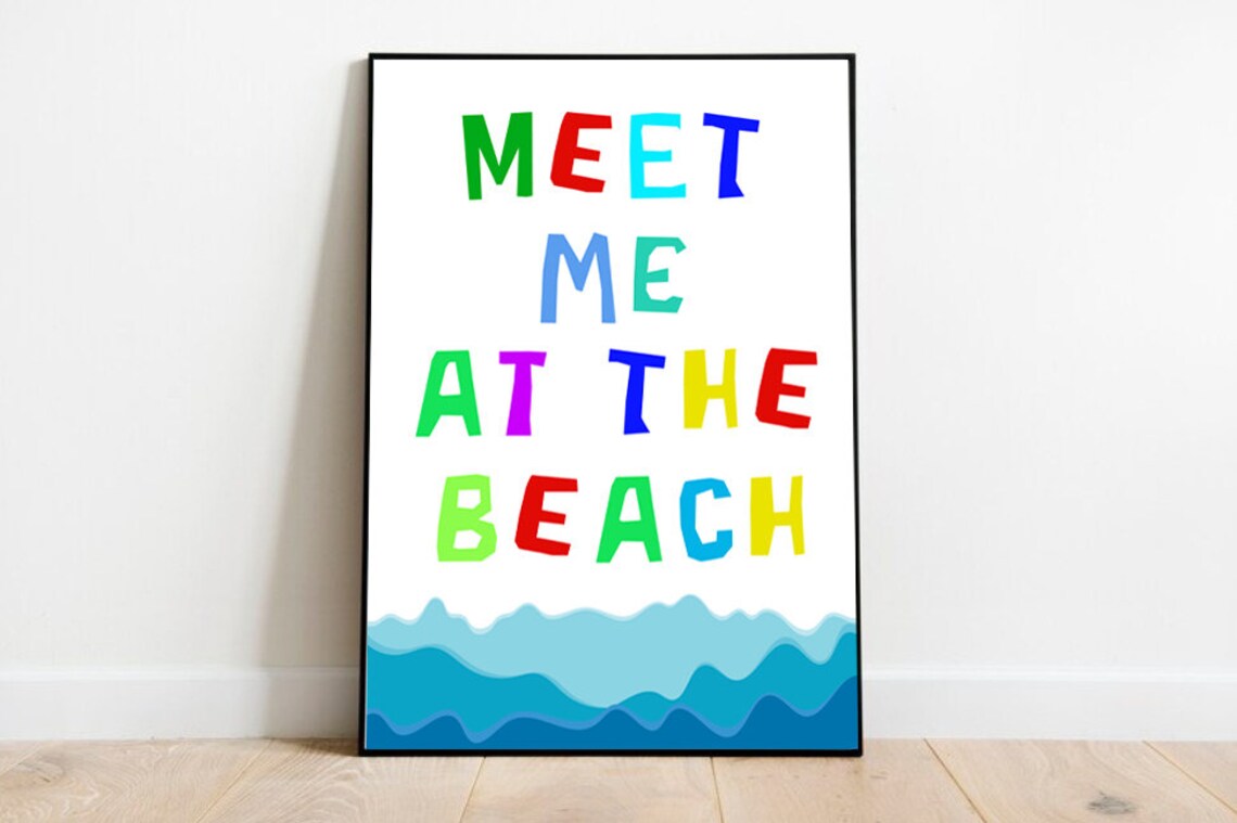 Meet Me At The Beach Colorful Hand Lettered Wave Typography Poster