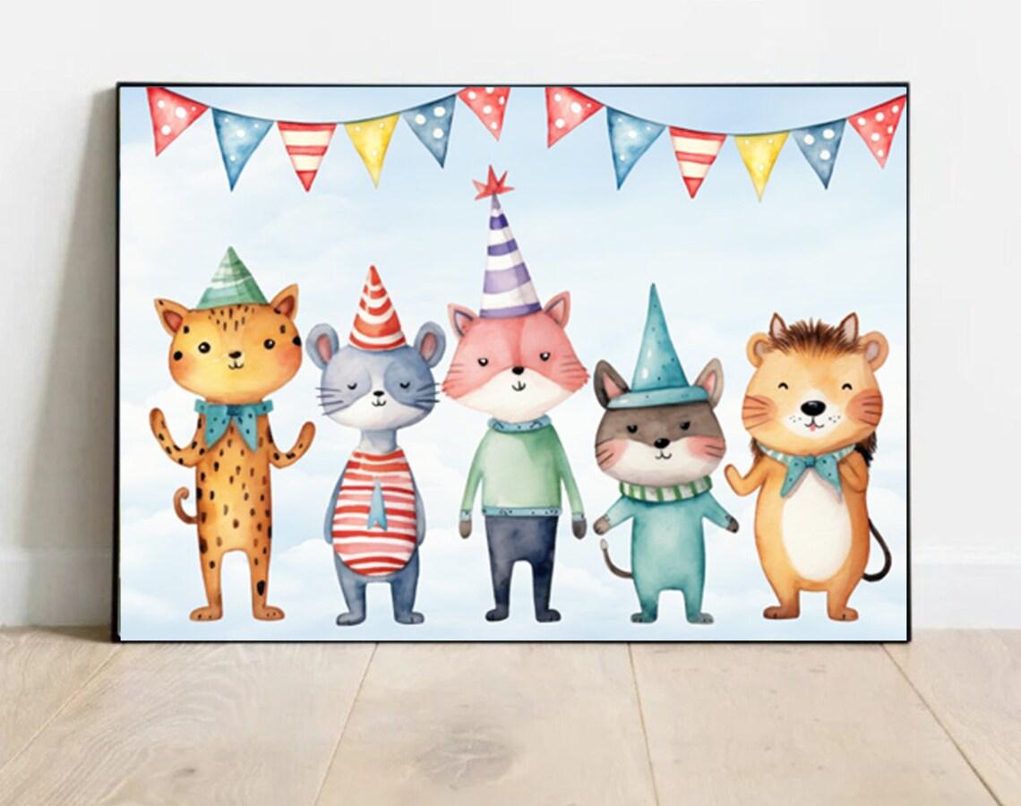 Party Animals Kids Illustration Five Cute Animals Party Hats Poster