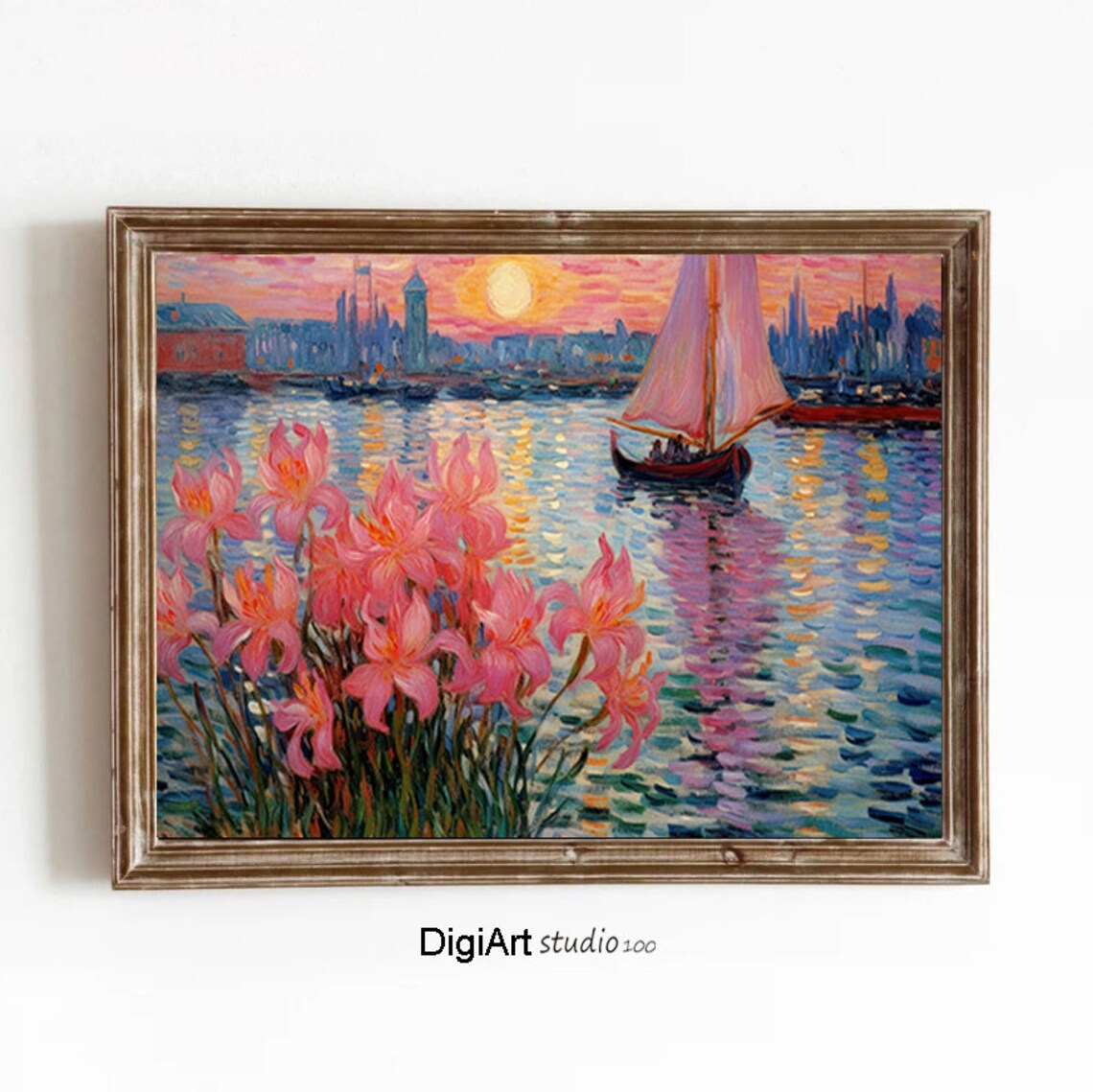Pink Sunset Seascape Sailboat Iris Flowers Impressionist Coastal Poster