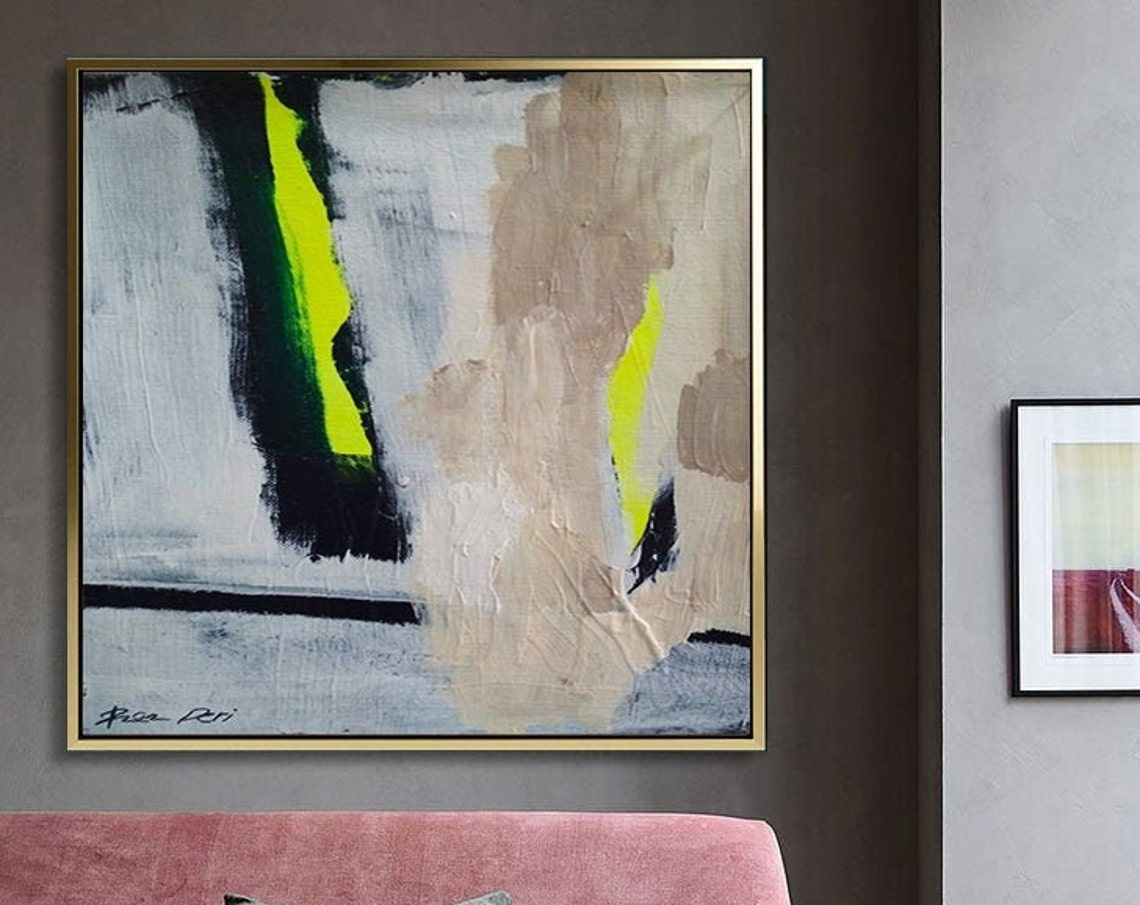 Minimalist Gray With Neon Lime Streak Contemporary Art Poster - Image 6