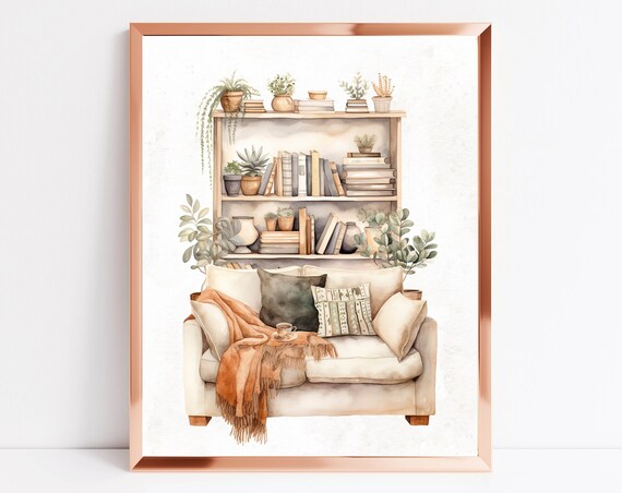 Cozy Book Nook Watercolor Bookshelf Reading Corner Loveseat Poster