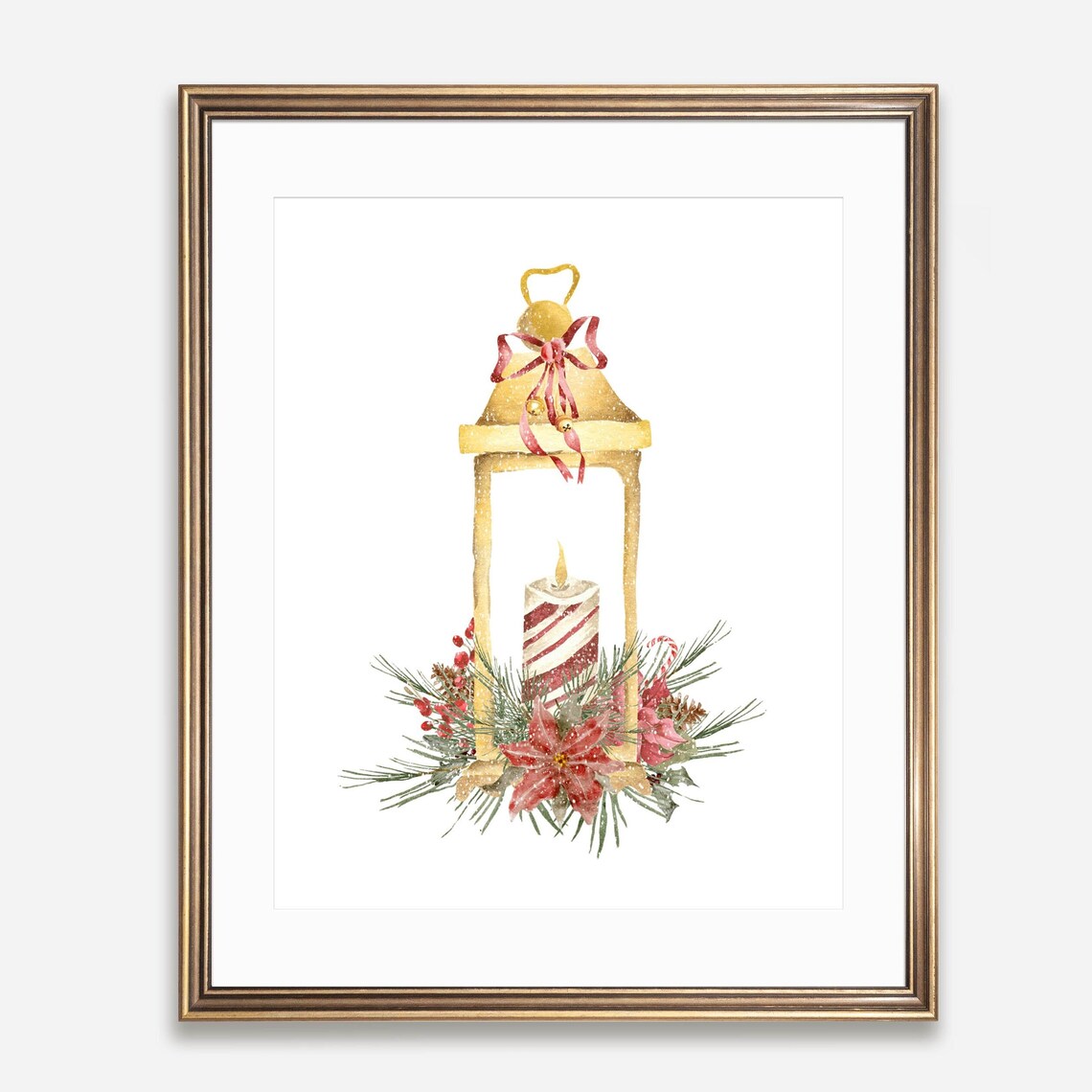 Golden Christmas Lantern Candle Poinsettia Watercolor Holiday Poster