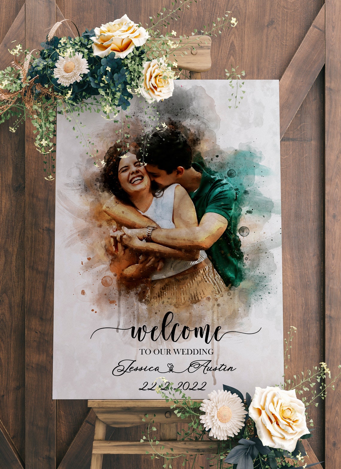 Watercolor Wedding Welcome Sign Personalized Couple Names Poster - Image 3