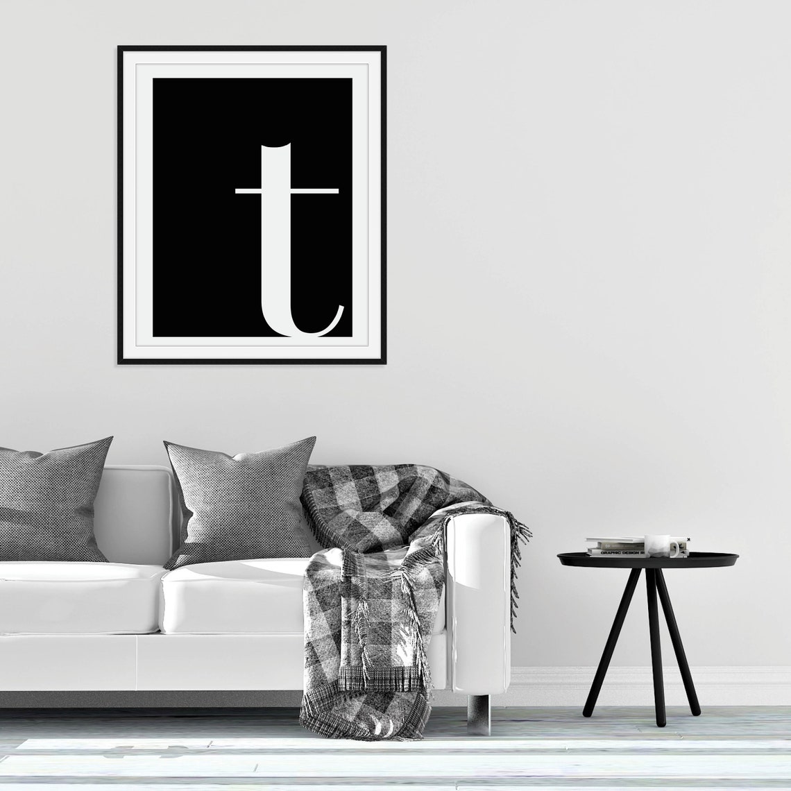 Lowercase Letter T Monogram Poster White on Black Modern Decor