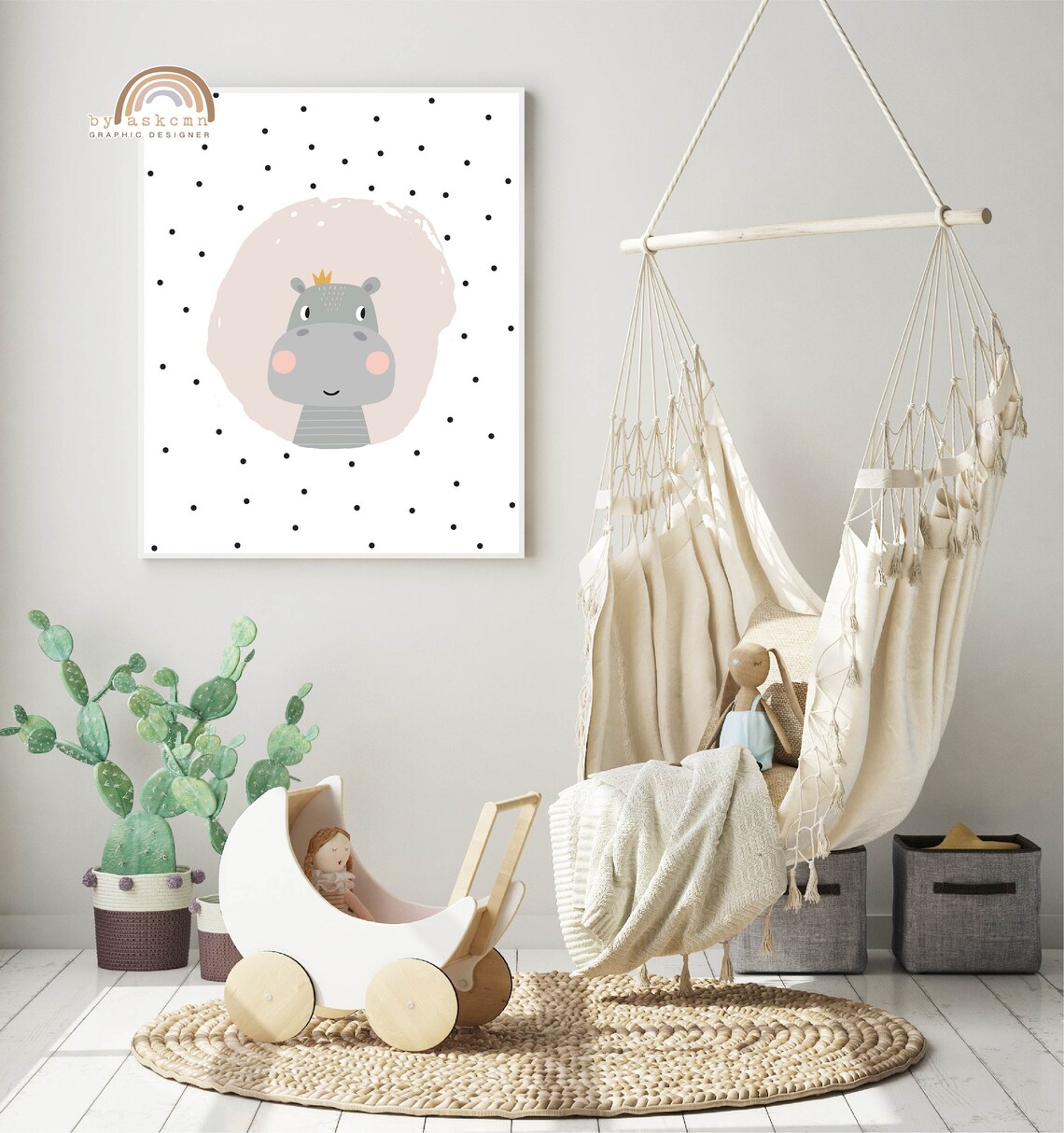 Baby Hippo Nursery Little Crown Polka Dot Safari Kids Room Poster - Image 3